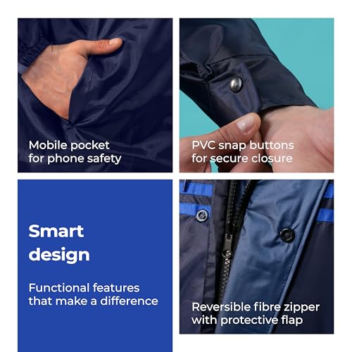Image of Lifelong Men's Waterproof Raincoat Set - Reversible Double Coated Rain Suit with Hood, Inner Mobile Pocket | Zip & Snap Closure | Lightweight Polyester|Monsoon Wear| XXL Navy Blue & Royal Blue Stripe