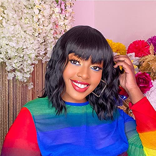 Black Short Wavy Synthetic Hair with Bangs Bob Curly Shoulder Length Wig For Women, Fashion Wig Natural wavy Heat Resistant Synthetic Wig