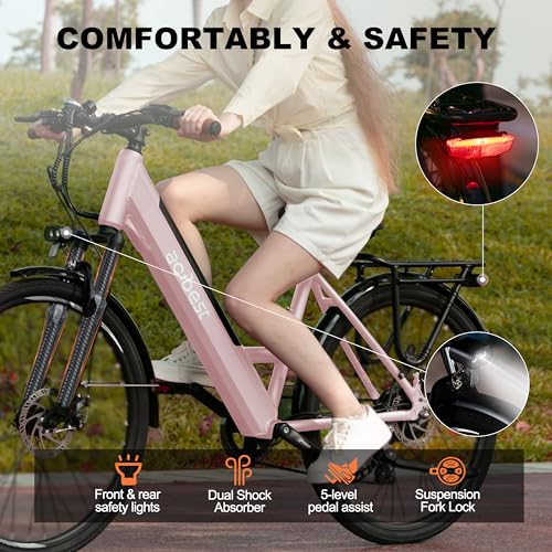 Image of ACTBEST Core Electric Bike, 468Wh Removable Battery, 26 inch Step Thru Electric Bicycle, 350W(Peak 750W) Brushless Motor Cityrun Ebike, with 7 Speed, Up to 50 Miles, Pink - with Mirror