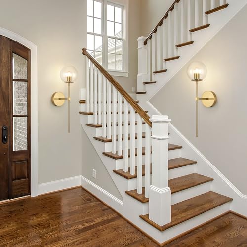 Image of Battery Operated wall Sconce Set of 2 Glass Globe 3000~6000K Rechargeable Wall Light Fixture Wireless Wall Lights with Clear Glass Shade for Living Room, Hallway, Bedroom(2 Pack)