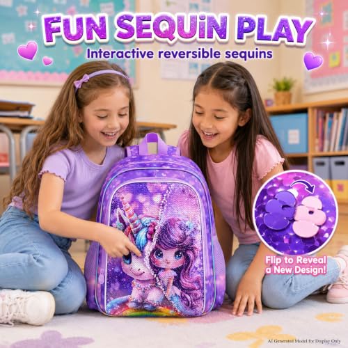 Image of 16 inch Unicorn Backpack for Girls, 3Pcs Rainbow Kids Backpacks with Lunch Box, School Bookbag for Elementary Preschool Kindergarten (Purple)