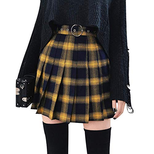 Women's Gothic Punk Yellow Black Plaid Pleated High Waisted Short A-line Flare Mini Skirt