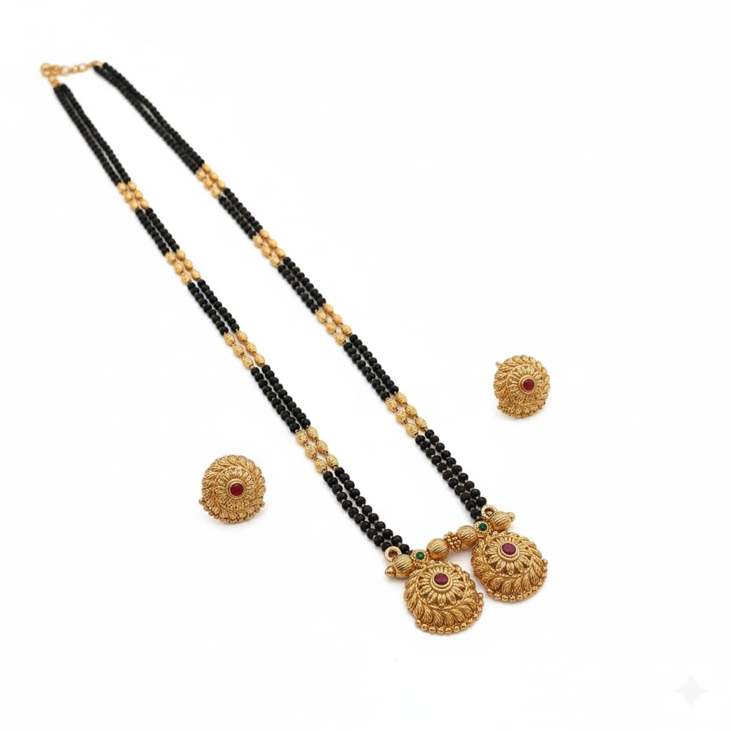 traditional maharashtrian 32 inch vati mangalsutra with earrings | gold plated long chain with black beads | stylish tanmaniya nalapasalu mangal sutra for women