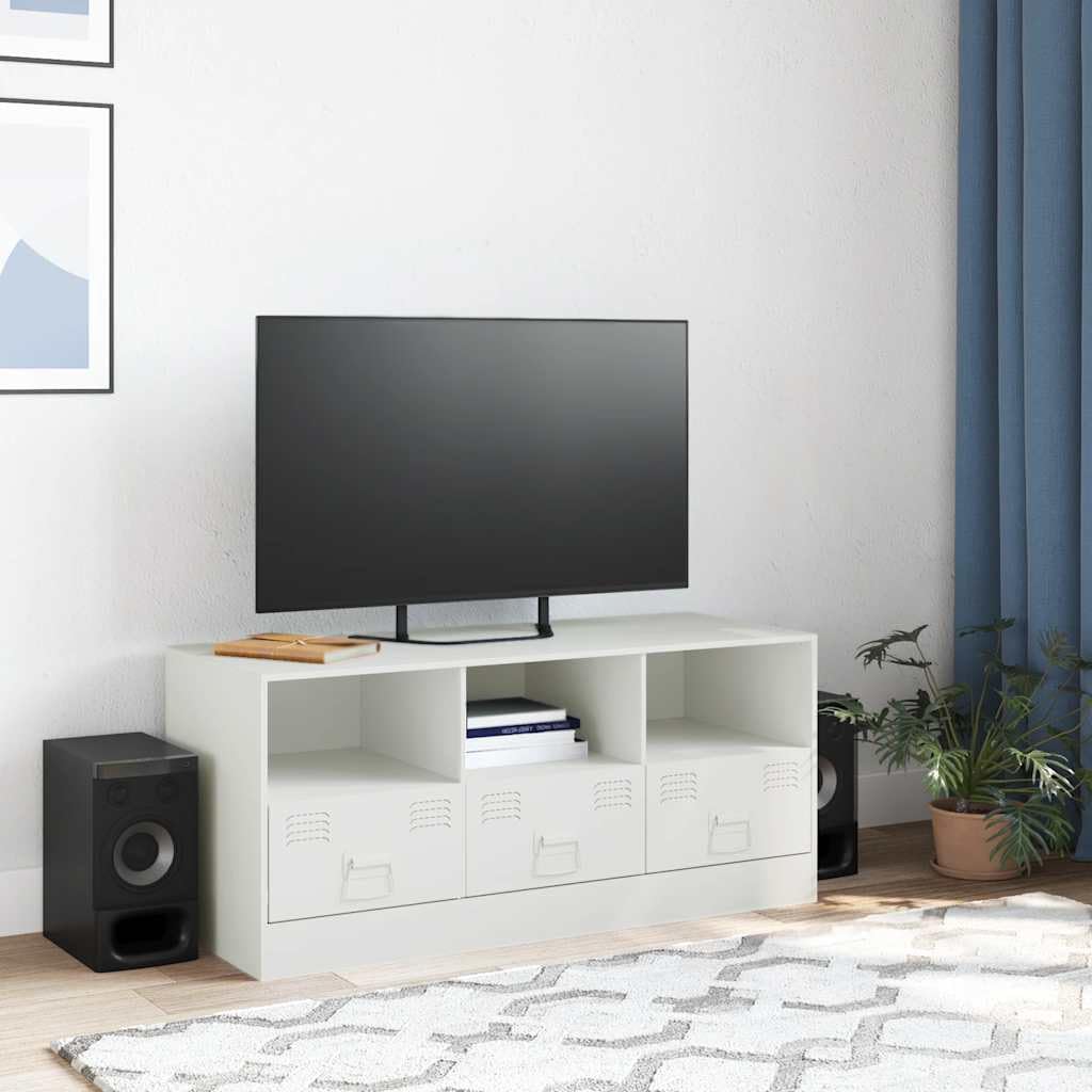 Mobile TV bianco in acciaio laminato a freddo, 99 x 39 x 44 cm, con 3 cassetti e scomparti, credenza bassa per soggiorno, spazio per tavolo TV, HiFi, soundbar, salvaspazio, moderno