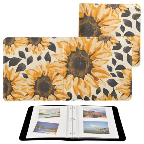 JIPONI Sunflowers Leopard Background Large Photo Album, DIY Leather Cover Scrapbook Albums for 4x6 5x7 6x8 Pictures, Self Adhesive Memory Book for Wedding, Baby, Family