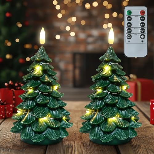 Satar Refes 2PCS Christmas Flameless Candles, Christmas Tree Shaped LED Candles with Remote Timer Xmas Candle Real Wax Flickering LED Candle with String Light for Xmas Home Party Decoration