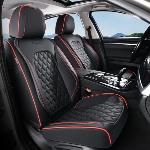 Image of Coverado Front Seat Covers, Wear-Resistant Stain-Proof Cushions, Universal Fit for Most Vehicles, Waterproof Car Seat Protectors, Automotive Seat Covers-Red & Black Line Design