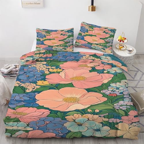 Housse couette 90x190 microfibre imprimé floral avec deux taies oreiller