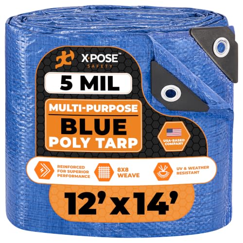 Image of Better Blue Poly Tarp 12' x 14' - Multipurpose Protective Cover - Lightweight, Durable, Waterproof, Weather Proof - 5 Mil Thick Polyethylene - by Xpose Safety