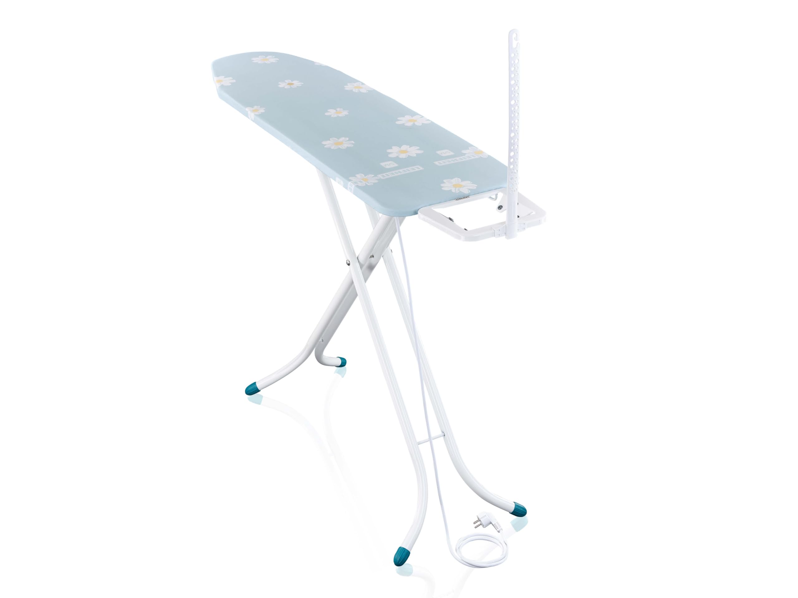 Leifheit Bügelbrett Classic M Compact Plus, Bügeltisch mit Fläche 20 x 38cm | Kompakte Streckmetall-Bügelfläche, stabil und höhenverstellbar 76-96 cm, Kabelhalter, Transportsicherung, weiß/blau/gelb