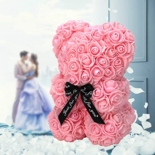 Linklo Rose Bear Rose Teddy Bear -10 Inch Artificial Rose Flower Bear, Gift For Valentines Day, Wedding, Mothers Day And Anniversary, Including Transparent Gift Box (Pink) #TOP4