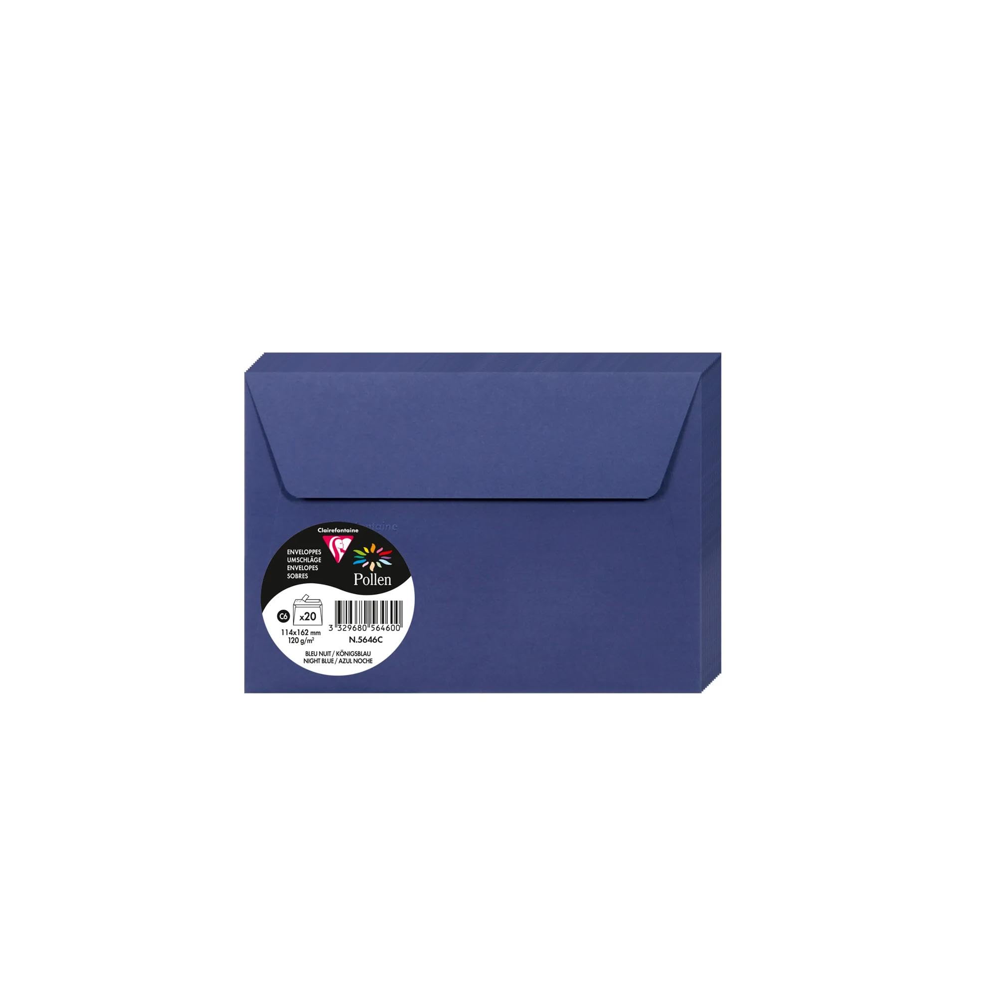 Clairefontaine 5646C Pack of 20 Self-Adhesive Envelopes C6 11,4x16,2cm 120g Colour Midnight Blue Invitation Events Correspondence Pollen Range Premium Paper