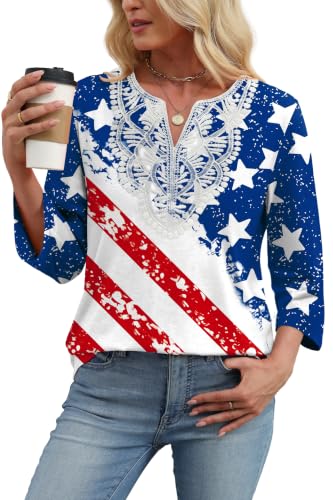 Image of WIHOLL 3 /4 Length Sleeve Womens Tops Boho V Neck Lace Shirt Trendy Blouses Dressy Casual Vacation Clothes S-3XL
