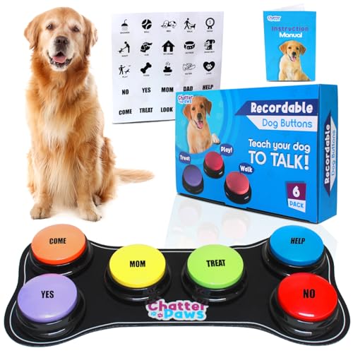 Dog Buttons for Communication - Set of 6 Loud Dog Talking Button, ABS Plastic dog training buttons Set, 30s Recordable Talking Buttons for dogs to communicate with Anti-Slip Mat and 24 Stickers