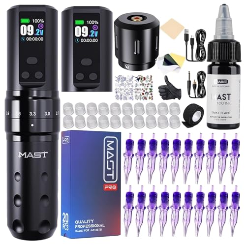 Mast Fold2 Pro Kit de Tatuaje Inalámbrico Máquina de tatuar Profesional   rotativas Tattoo Machine Pen con 2 Baterías 2000mAh, Connect RCA, Agujas y Tinta Negra | Set Completo