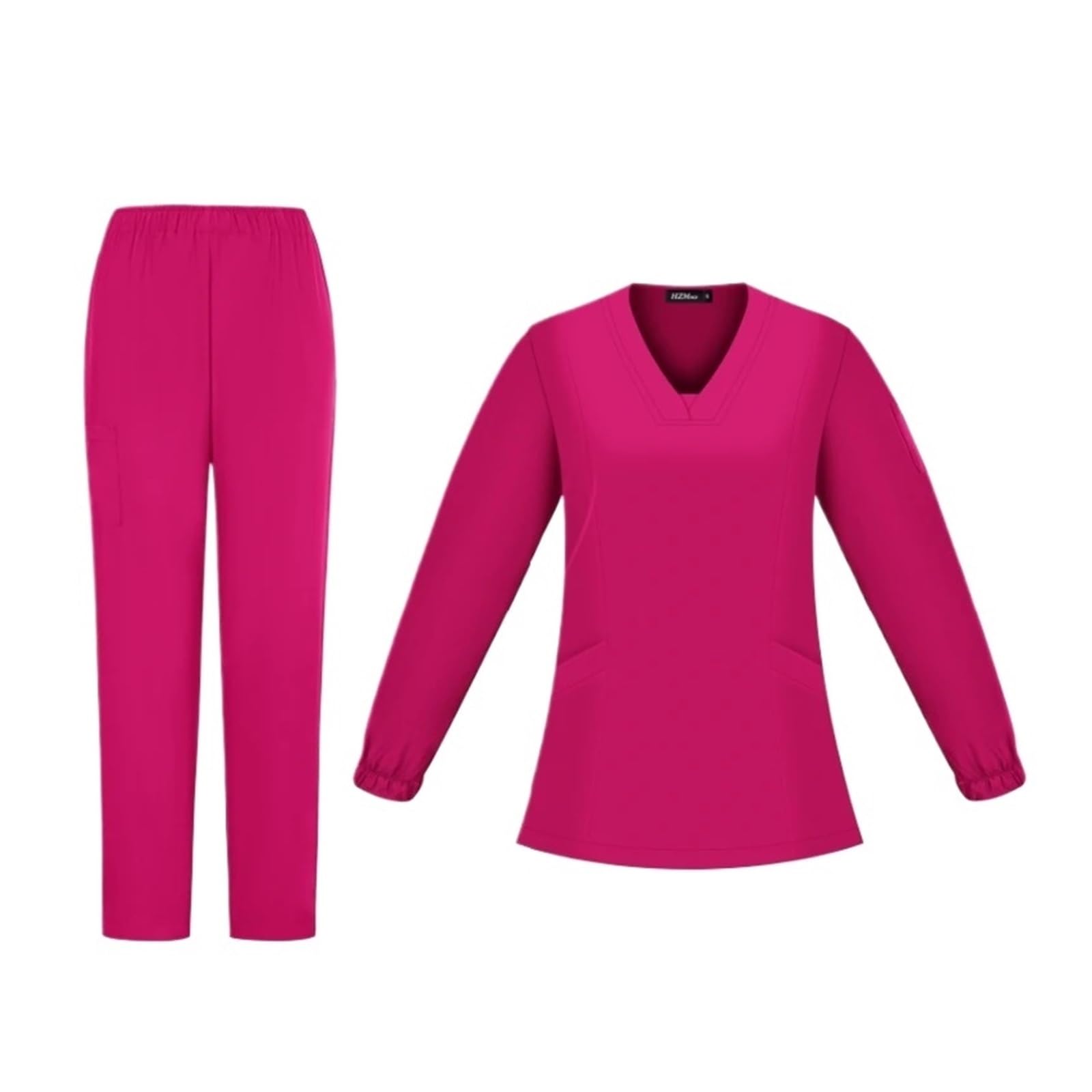 Camice da Chirurgo, Pantaloni, Scollo a V, Uniforme chirurgica, Maniche Lunghe, Tuta chirurgica, toelettatura Animali, Set di Camice da Infermiera(Pink,S)