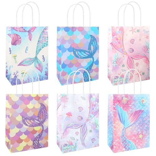 24 Pcs Mermaid Birthday Party Favors Bags, Mermaid Goodie Candy Bags with Handle, Under the Sea Gift Wrap Packs for Kids Girls Party Decoration