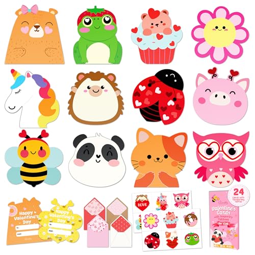 Decorably 24 Pack Post Card-Style 4x5in Valentines Cards for Kids Class with Envelopes & Temporary Tattoos, 10 Adorable Designs for Boys & Girls, Friends, with Printed Message - Gift, Mailing