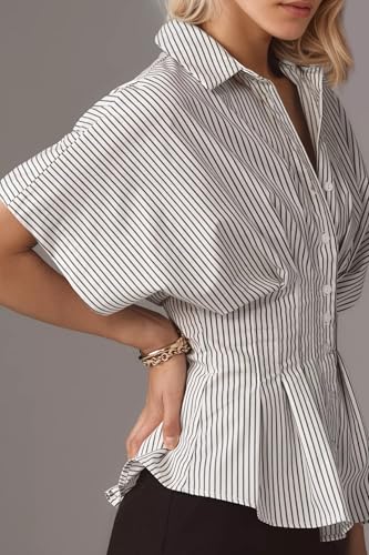 Womens Striped Shirts Button Down Short Sleeve Pleated Peplum Blouses Dressy Casual Lapel Tops Summer Business Shirt2