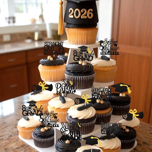 32 Pieces 8th Grade Graduation Cupcake Toppers,Out 8 Grade,Bye bye 8 th Grade Next Stop High School,Straight Outta 8TH Grade,So Proud of You,Class of 2026 Eight Grade Grad Cupcake Toppers