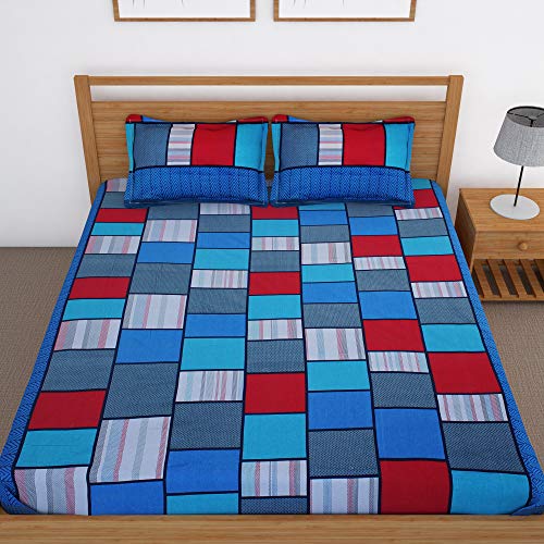 Image of Story@Home 120 TC 1 Bedsheet for Double Bed Cotton with 2 Pillow Covers, Geometric Pattern, Blue