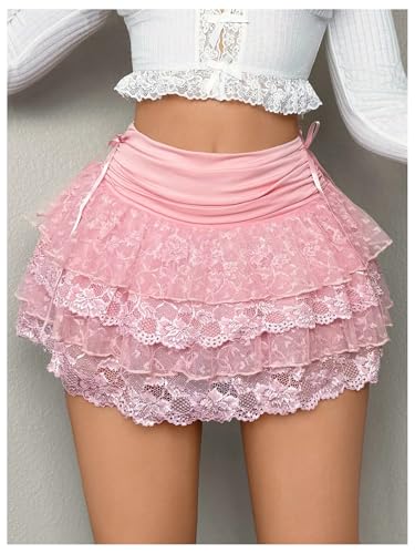 Milumia Women's Y2K Contrast Lace Ruffle Skirt Bowknot Ruched High Waist Short Skirts4
