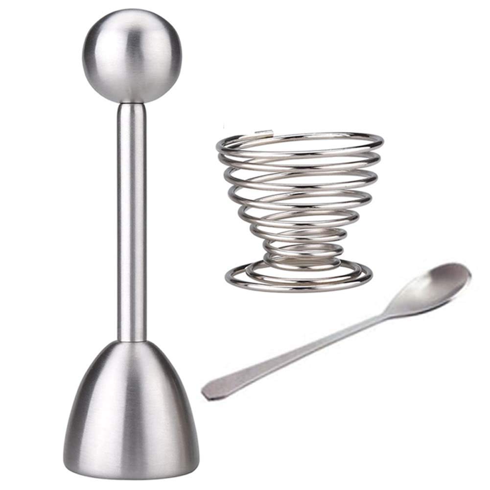 Egg Cracker Topper, Stainless Steel Durable Eggshell Cutter, Egg Opener Remover with Spoon & Tray, for Hard or Soft Boiled Eggs (A)