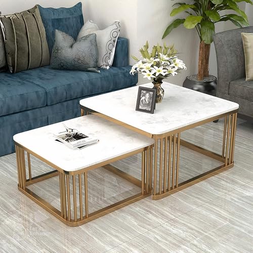 Image of Two-Piece Marble Look Coffee Table Set, top end Side Table, Metal Frame Cocktail Table, Nesting Tea Table, and Home Furniture Size for Living Rooms (Gold & White)