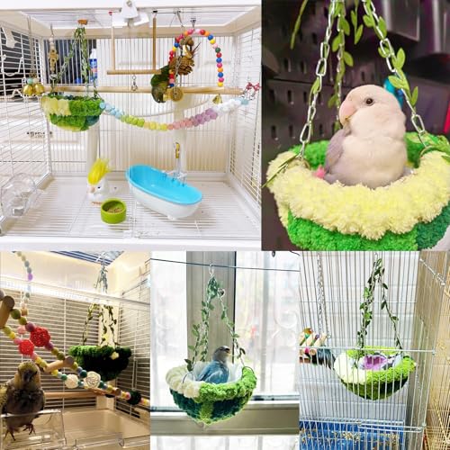 Image of kathson Hanging Bird Bed, Bird Hammock for Cage Winter Warm Bird Plush Nest Parrot Sleeping Bed for Budgie Lovebird Conure Quaker (Diameter 6.3 in, Green)