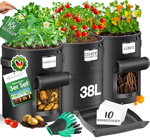KESSER® Kartoffel-Pflanzsack 3-Set 38L | Kartoffel-Pflanzbeutel aus Vlies mit Namensschildern Pflanztasche mit Fenster & Griffen | Kartoffelpflanzgefäß waschbar mit Handschuhen & Arbeitsmatte Schwarz