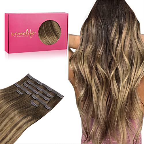Image of WENNALIFE Lace Seamless Clip in Hair Extensions Human Hair 7pcs Ultra Invisible 50% Thinner Seamless Clip Ins Balayage Chocolate Brown to Caramel Blonde Natural Remy Hair 22 inch