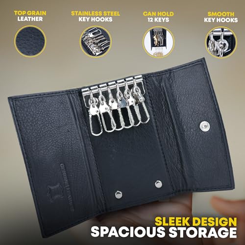 Li-Handcrafted-Top-Grain-Cowhide-Leather-Key-Holder-Compact-Versatile-Key-Organizer-With-6-Key-Hooks-for-Your-Keys-Spacious-Storage-For-Credit-Cards-Money-Secure-Reliable-Key-Case-Black