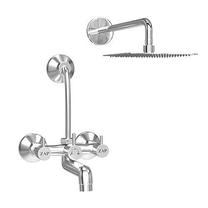 Zap Elixir Series High Grade 100% Brass 2 in 1 Wall Mixer With Overhead Shower Set and 125 mm Long Bend Pipe- Hot/Cold Knobs With Chrome Finish and Faucet Cleaner