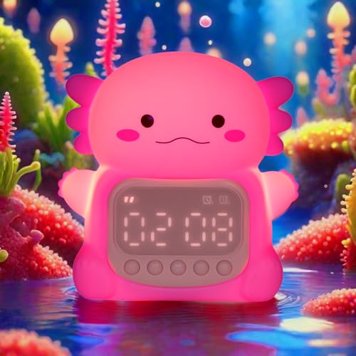 Axolotl Réveil avec veilleuse pour enfants, 7 couleurs RVB - Réveil mignon pour chambre à coucher - Peut être réveillé - Lampe de table en silicone en...