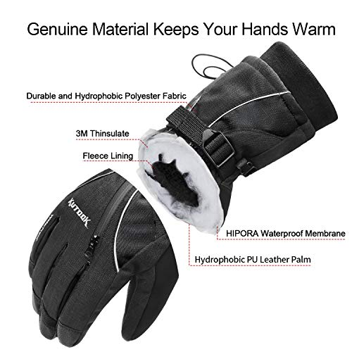 KUTOOK Gants Ski Femme Homme Thermique Imperméable 3M Thinsulate Écran Tactile Gants Snowboard Motoneige Neige Randonnée Hiver（Noir，XL）