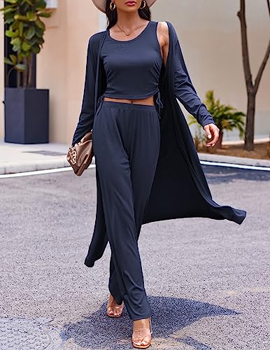 Image of Ekouaer Women's 3 Piece Lounge Set Pajama Long Sleeve Cardigan Sleeveless Top Pants Sweatsuit S-XXL