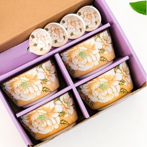Image of Nestasia Ceramic Snack Bowl Set of 4 (370ml) - Dishwasher & Microwave Safe Bowl with Spoons, Multipurpose Serving Bowls for Soup, Rice, Dal, & Salad | Floral Mustard Gift Box Bowl Set