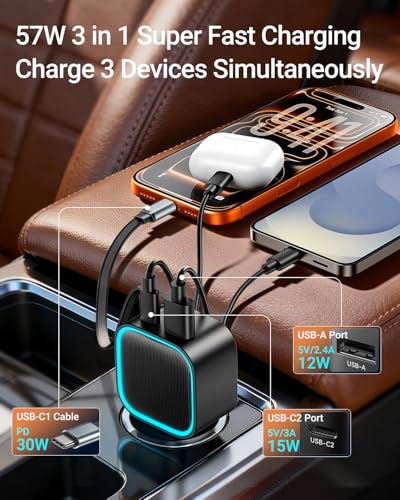 Image of Retractable Car Charger USB-C,Rocoren 57W Type C Fast Car Charging [Ultra-Compact Mini] with Cord Cigarette Lighter Adapter Car Accessories for iPhone 17 16 15 Samsung S25 Ultra Pixel Android