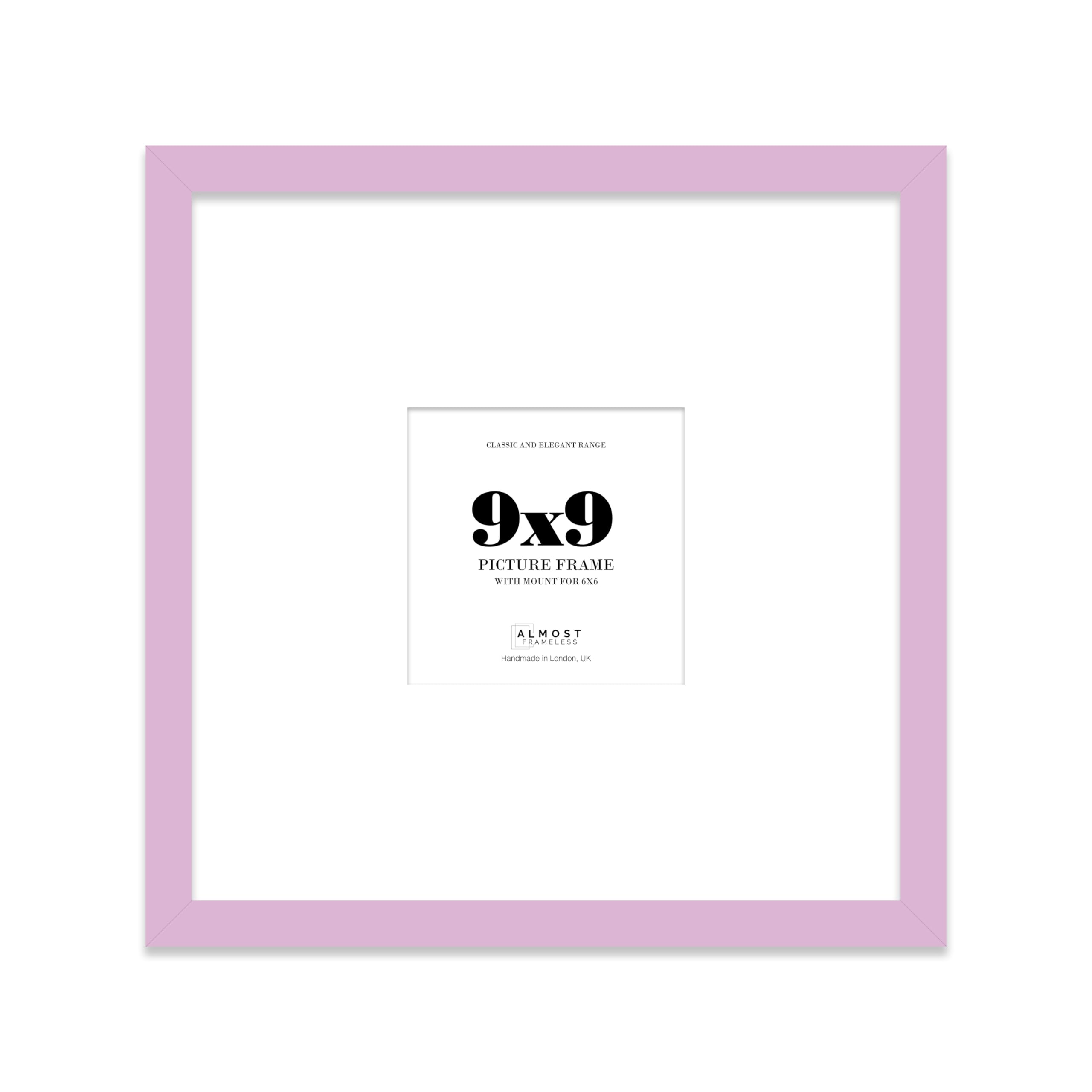 Almost Frameless 9x9 Square Picture Frame, Display Pictures 6x6 With Mat or 9x9 Without Mat, Wall Hanging & Free Standing Photo Frame, Lilac, 1 Pack