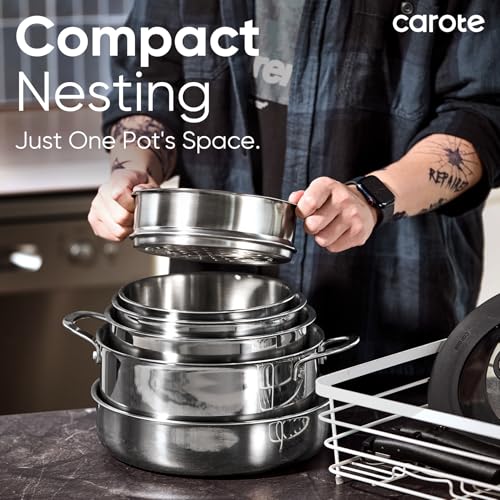 Image of CAROTE 18pcs Stainless Steel Cookware Set with Detachable Handle, Nonstick Pots and Pans Set, Induction Kitchen Cookware Sets with Removable Handle, RV Cookware Set, Oven Safe, Camping Cookware, Black