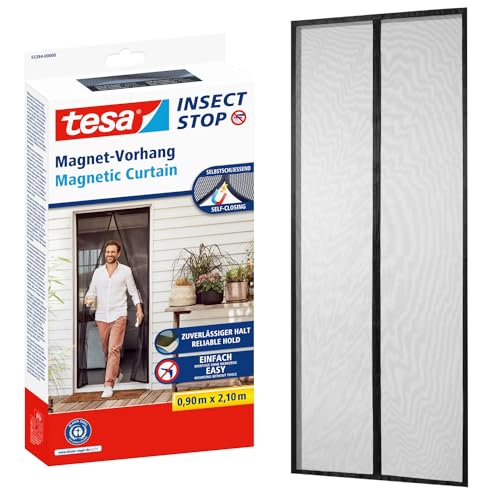 tesa Magnetvorhang selbstschließend - Insektenschutzvorhang mit Magneten für Balkon- und Terrassentüren - zur einfachen Montage ohne Bohren - 2,1 m x 0,9 m