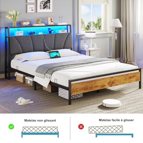 Lit 140x190 LED avec prises & USB, tête lin Brinlawb