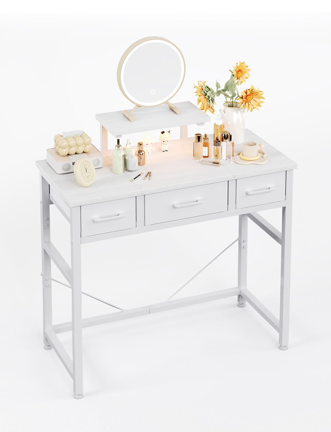 KitMent 76x36cm Small Desk with 3 Fabric Drawers, Small Computer Desk with Adjustable Monitor Stand and Hook, Table for Makeup Vanity, Home Office,Kid's Study, Gaming, White