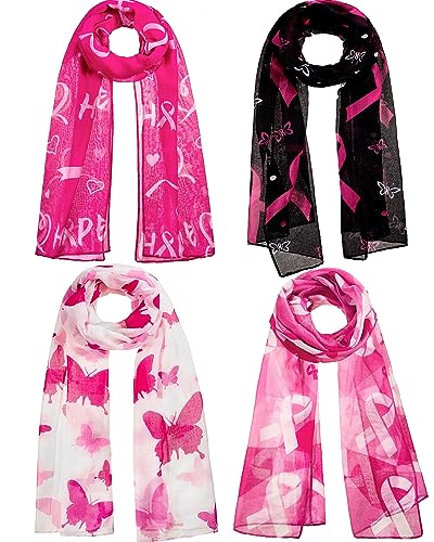 Liitrsh 4 Pcs Women Breast Cancer Scarf, Lightweight Voile Awareness Silk Feeling Pink Ribbon Scarf, Breast Cancer Awareness Accessories for Mothers Friends Gifts, 70.87 Inch, 4 Styles