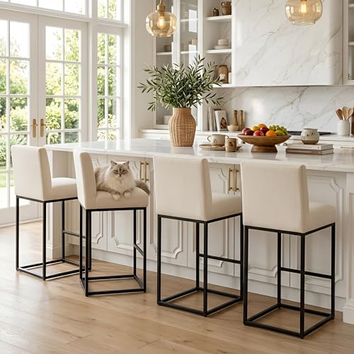 Image of HNY Modern Counter Height Bar Stools Set of 4, Linen Upholstered Kitchen Island Stools with Backrest, 31 Inch Bar Stools with Black Metal Frame, Cream