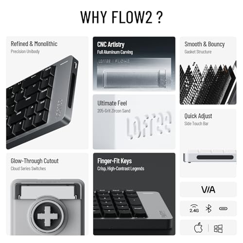 Image of LOFREE Flow2 Low-Profile Mechanical Keyboard, CNC Aluminum Body with Gasket Mount, Tri-Mode Wireless, Hot-Swappable & VIA Compatible, Side Touch Bar, for Mac /Windows (Silver with Silence, 84 Keys)