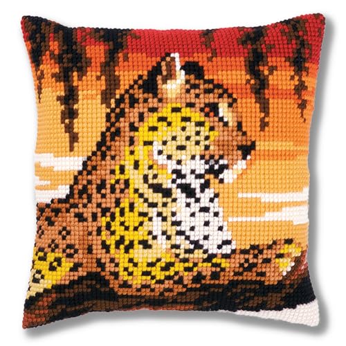Vervaco Cross Stitch Embroidery Kits Pillow Front for Self-Embroidery with Embroidery Pattern on 100% Cotton and Embroidery Thread, 15,75 x 15,75 Inches - 40 x 40 cm, Leopard