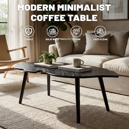 Image of HNY Modern Small Coffee Table for Living Room, Black Solid Wood Coffee Table Farmhouse Center Table, Leaf Floor Table End Table Side Table with Wood Leg Easy Assembly for Bedroom Home Office Cafe