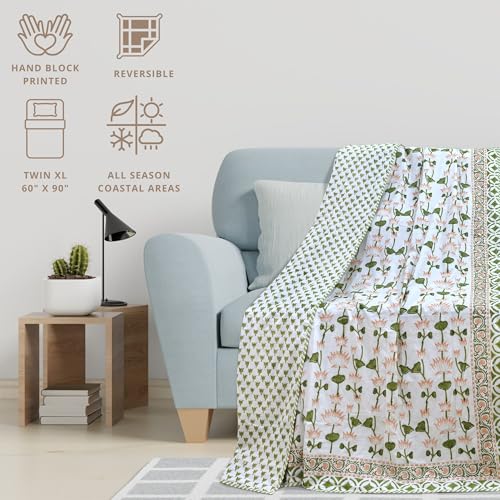 Image of TOAIArt Premium Jaipuri Dohar | AC Blanket Summer Quilt | Hand Block Printed | 3 Layers | Reversible | 150GSM 100% Mulmul Cotton | 100% Cotton Flannel Filling | Single 60 inch X 90 inch | Lotus Vines