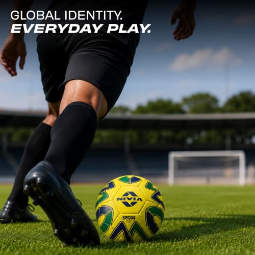Image of Nivia Kross World Football (Brazil) Training Ball, 32 Panels, Durable Rubber Hand-Stitched, Latex Bladder, As Per AIFF Standards, to Play On Both Natural and Artificial Grass (Size - 5, Yellow /Green)